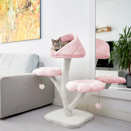 Flower Cat Tree Tower – Multi-Level Condo with Perches & Scratch Pad (Pink)
