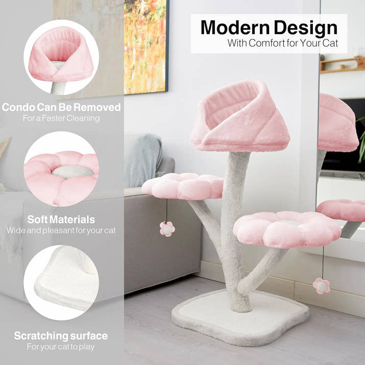 Flower Cat Tree Tower – Multi-Level Condo with Perches & Scratch Pad (Pink)